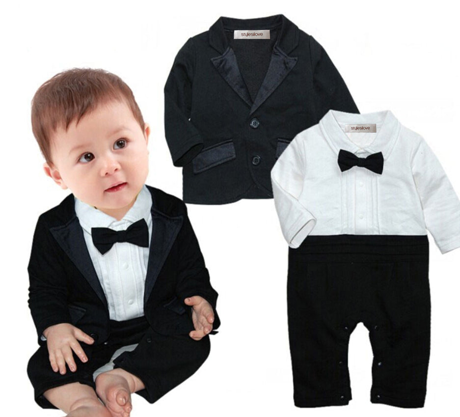 Baby formal tuxedo outfit set: black blazer, white shirt, black bow tie, pants