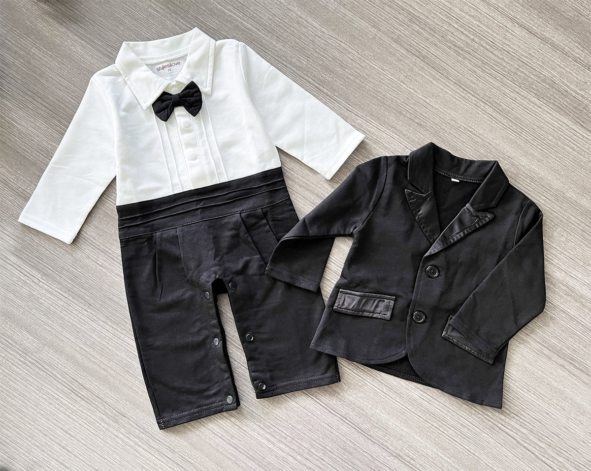 Baby tuxedo romper set with white shirt front, black pants, bow tie, and blazer