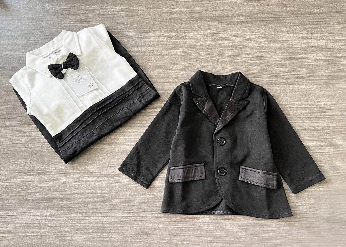2-piece baby formal tuxedo set with white shirt romper and black blazer with pockets