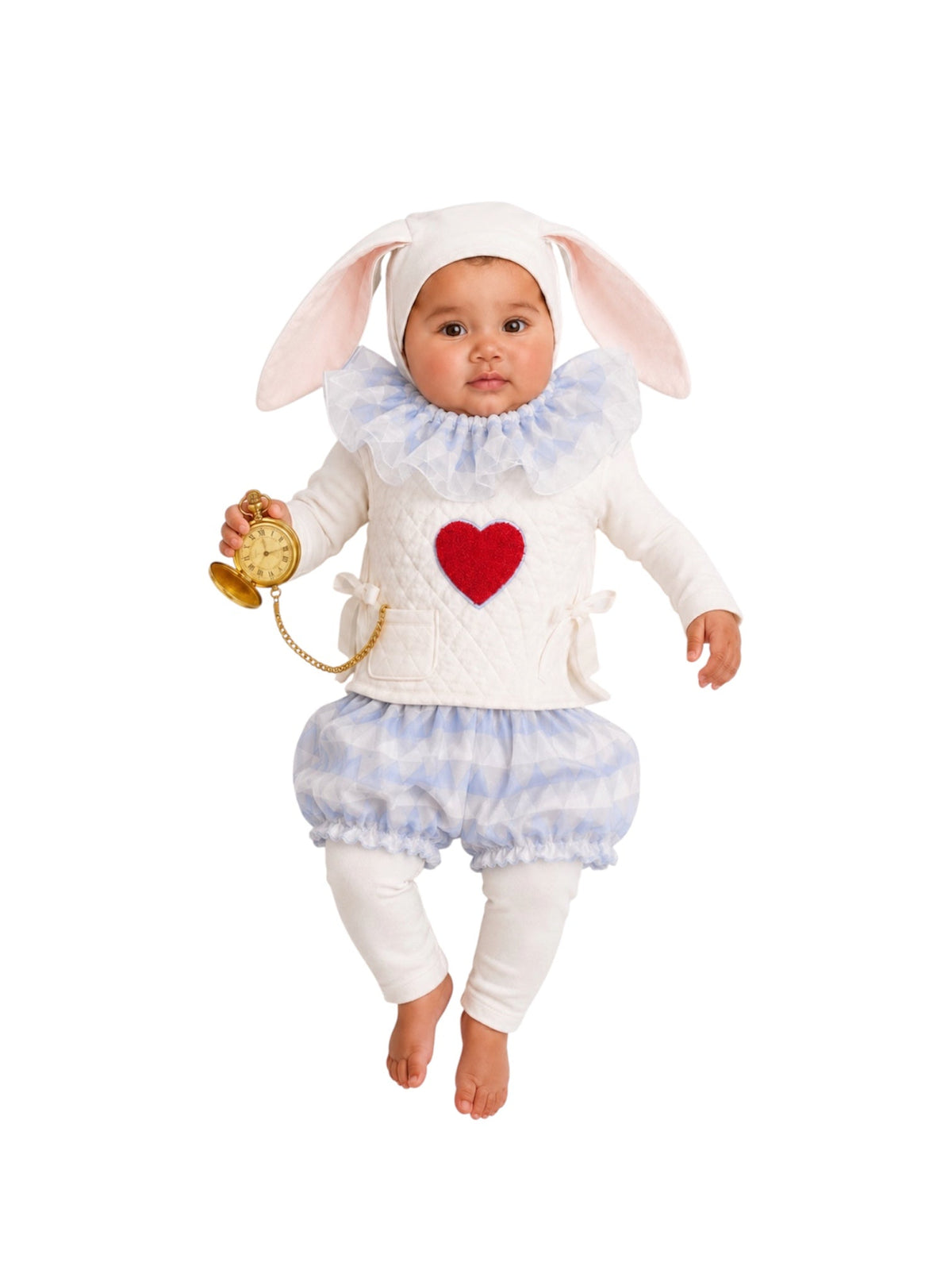 White rabbit-style baby costume with hooded ears, red heart front, blue ruffled shorts, white leggings