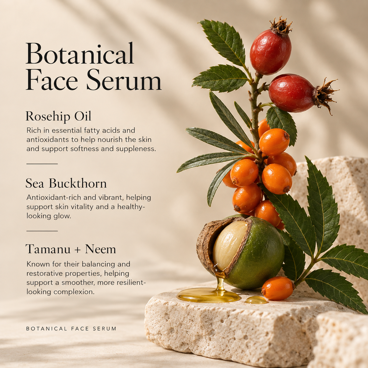 Botanical face serum bottle with white dropper, surrounded by rosehip and sea buckthorn