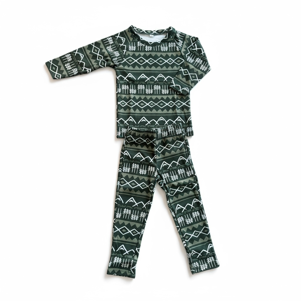 Fleece mid layer set, dark green fair isle print with long-sleeve top and full-length pants