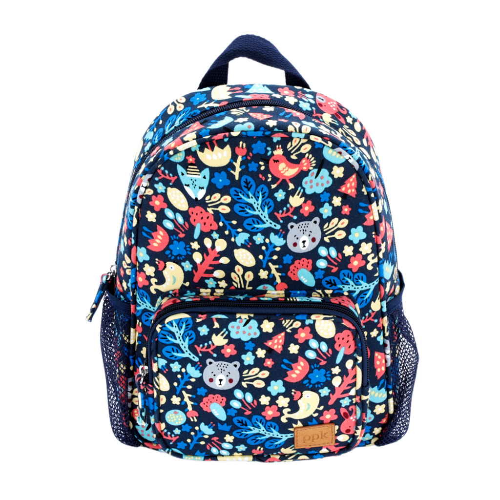 Kids mini backpack in navy with forest animal print and front pocket