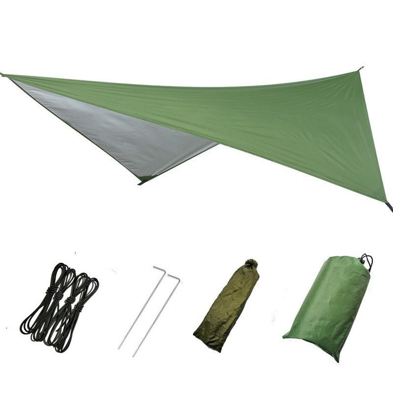 Green and gray triangular waterproof canopy shade kit with ropes, poles, and storage bag