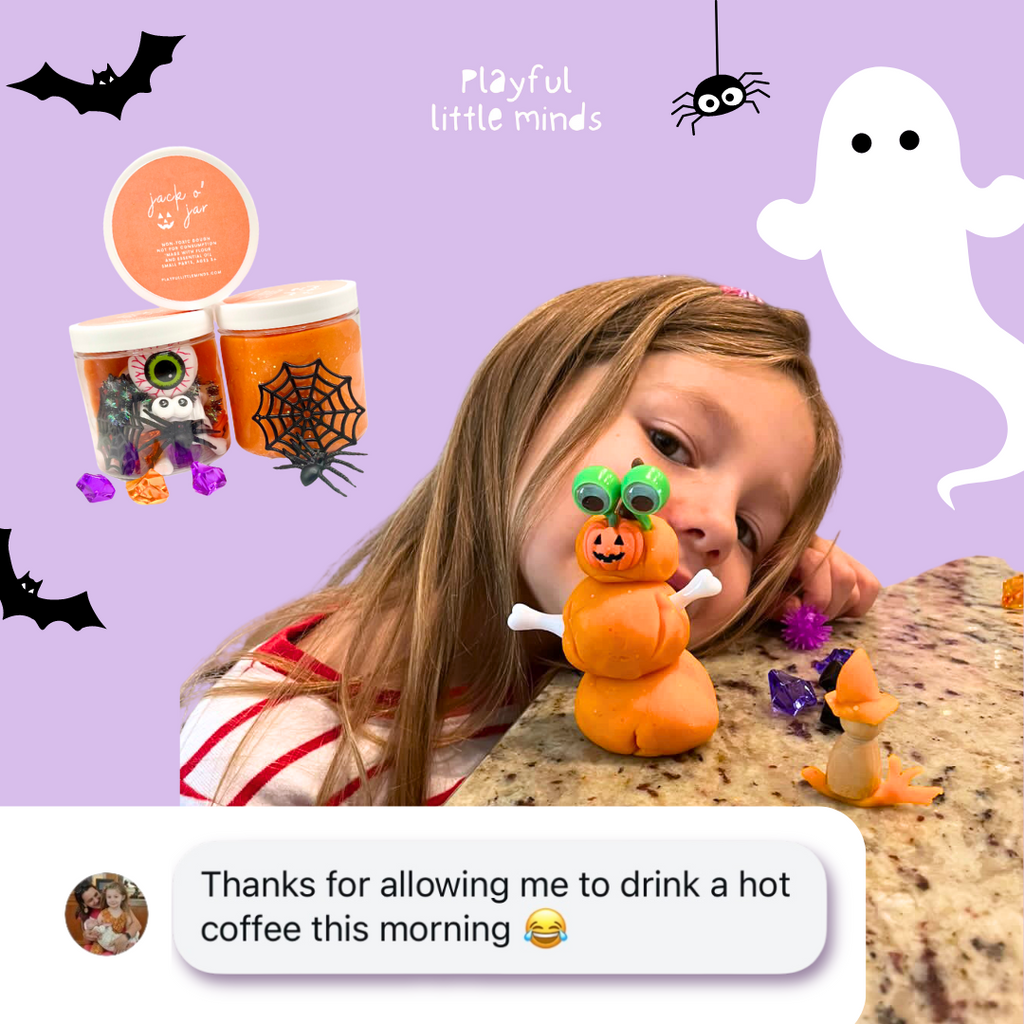 Halloween pumpkin sensory kit jars with jack-o'-lantern and spider, plus purple gems