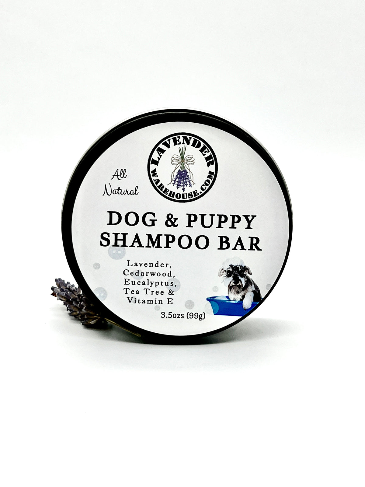 Round dog & puppy shampoo bar container, labeled Lavender and Cedarwood
