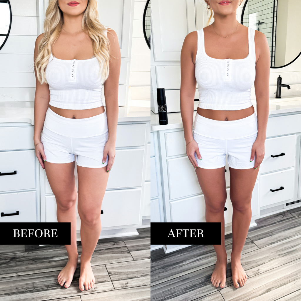 Before-and-after full-body tan results in white matching top and shorts, standing