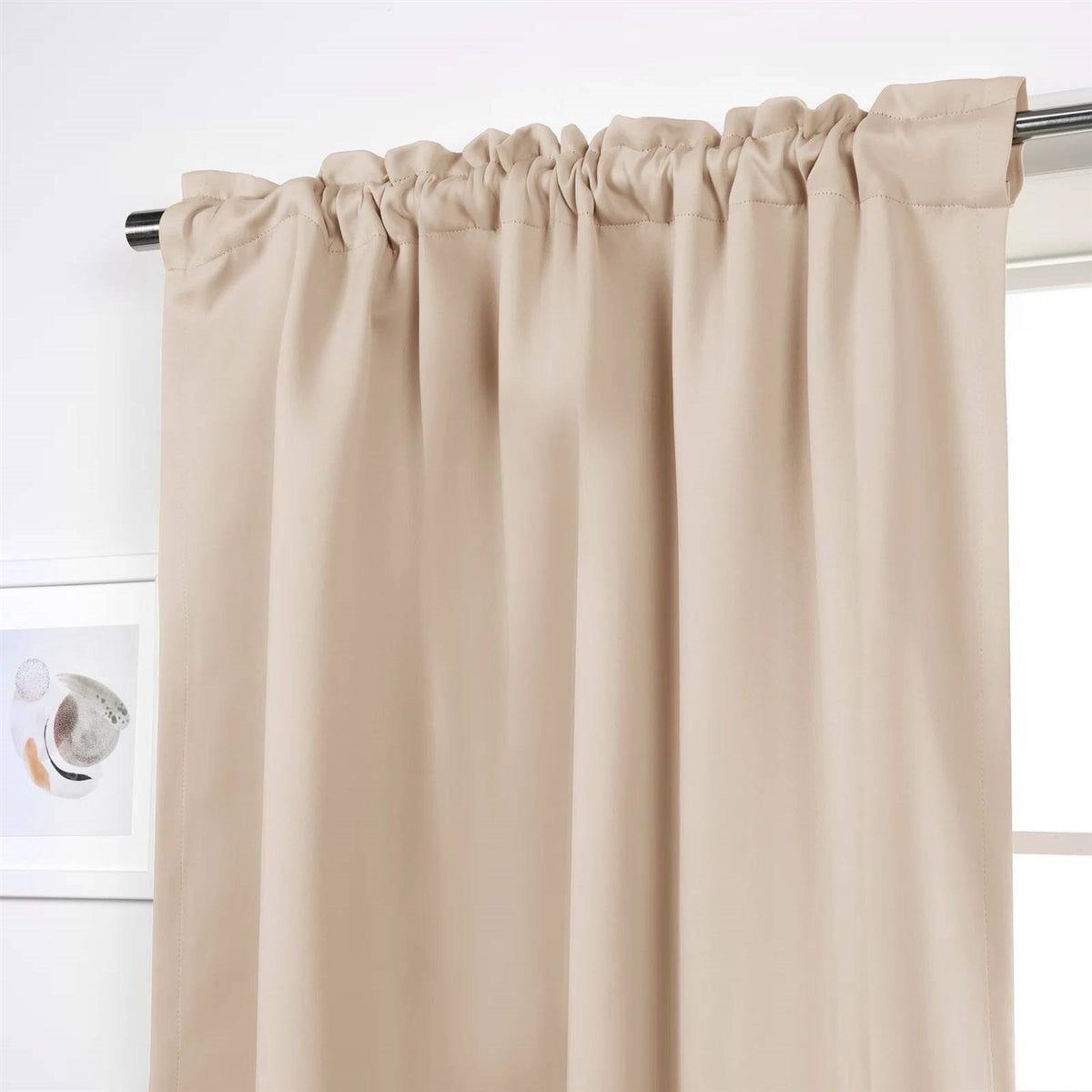 Cream curtain panels with gathered rod-pocket top and pleated header