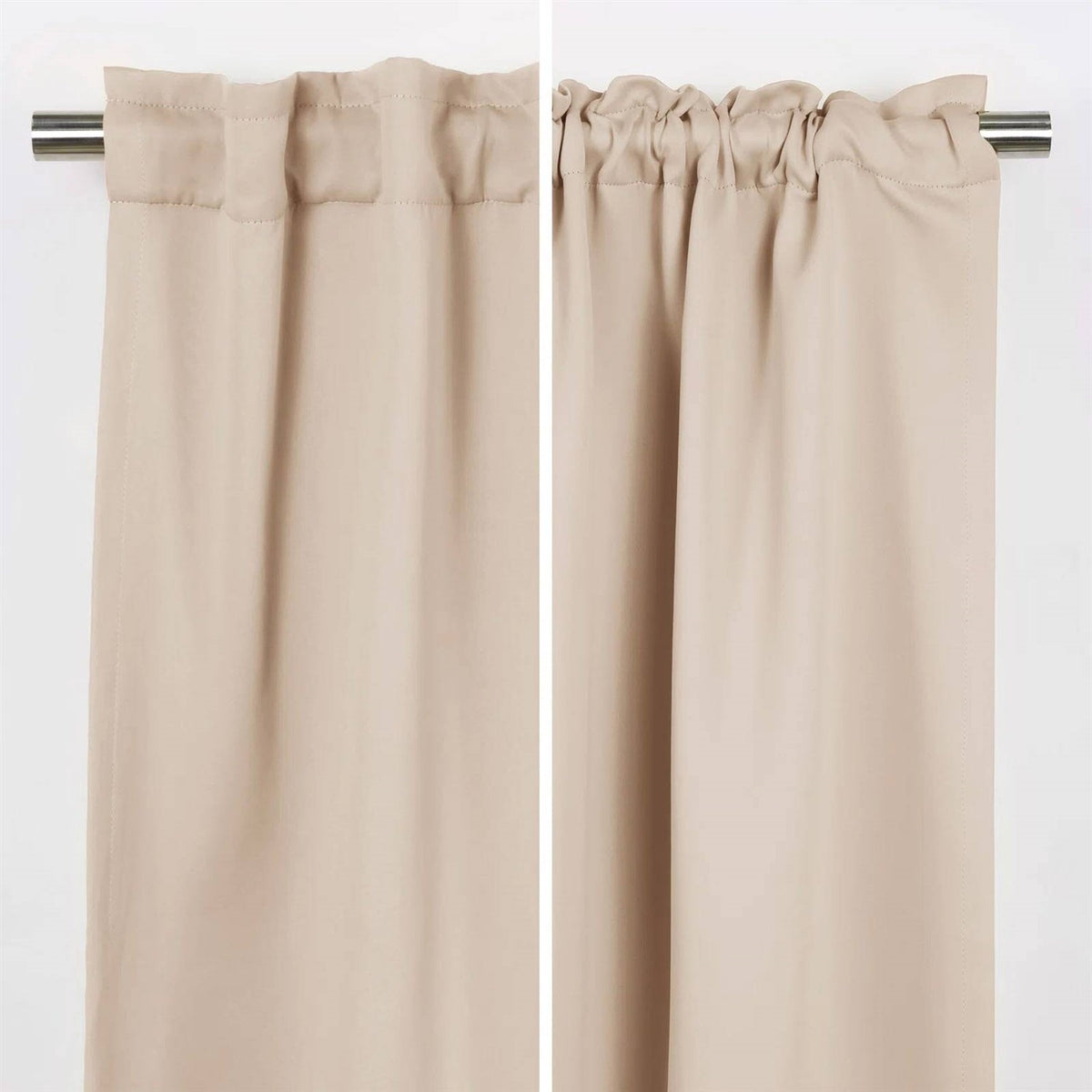 Cream thermal curtain panels with pleated top and rod pocket, front view