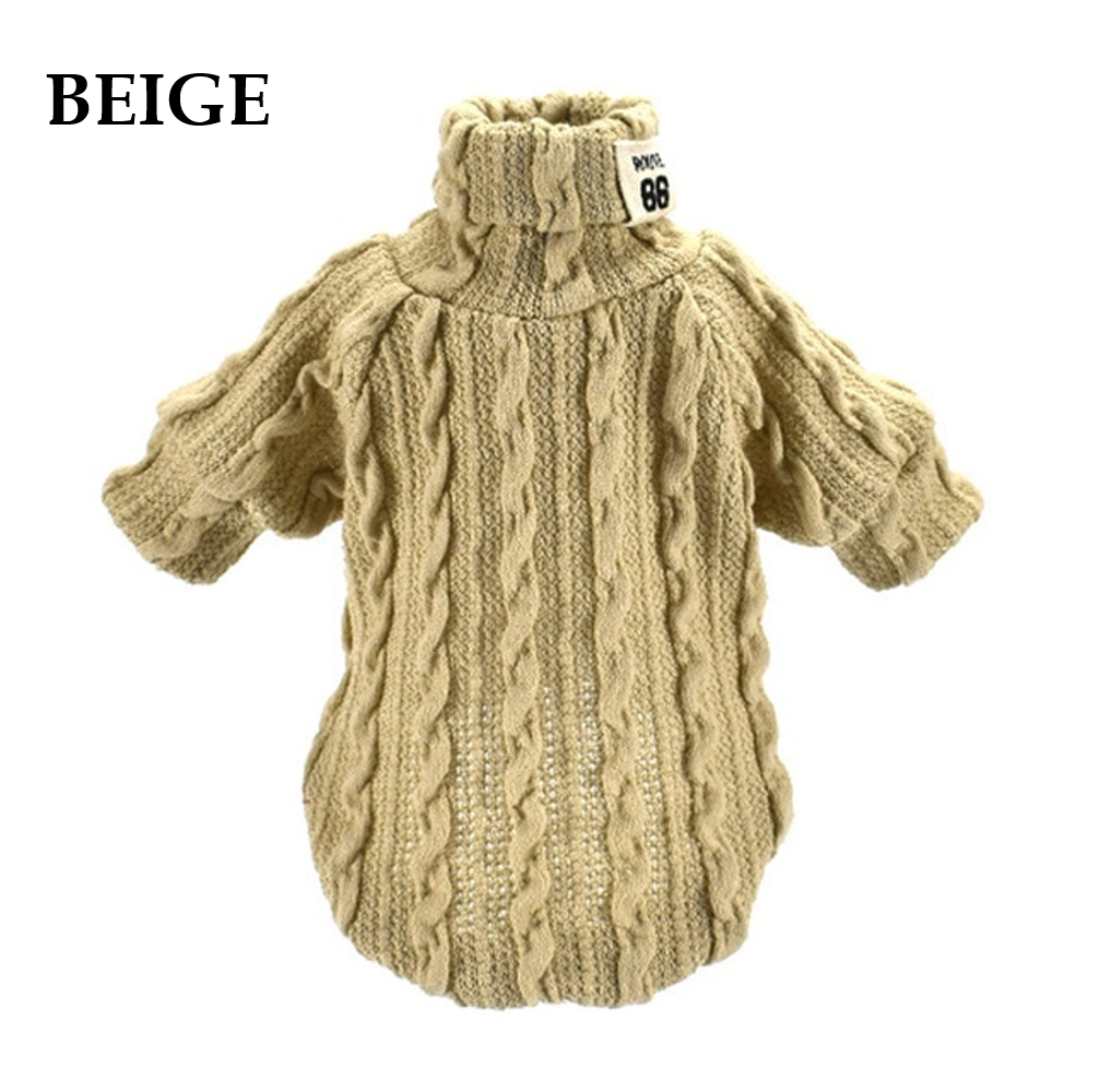 Beige knitted turtleneck sweater for small dogs and cats with cable knit style
