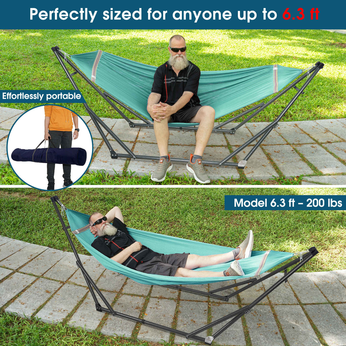 Teal collapsible hammock with black steel stand and adjustable spreader bars