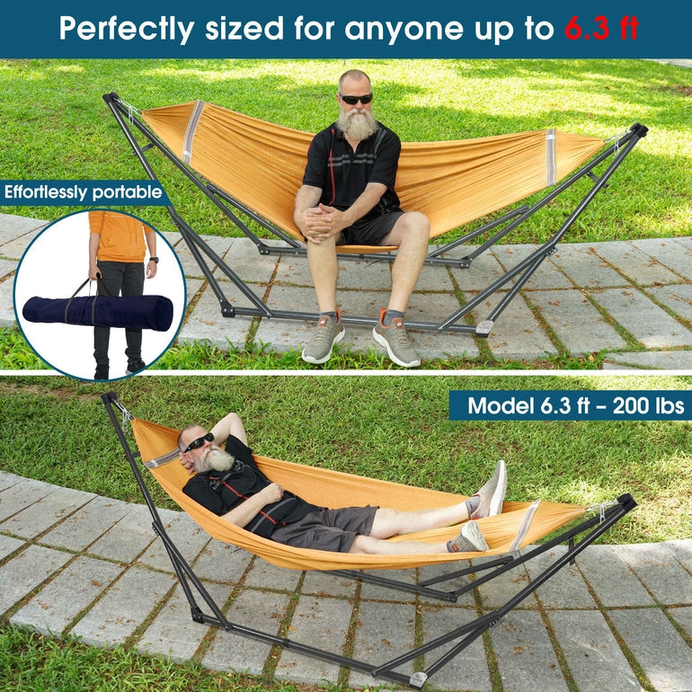 Orange hammock on a steel stand, shown fully assembled and ready to use
