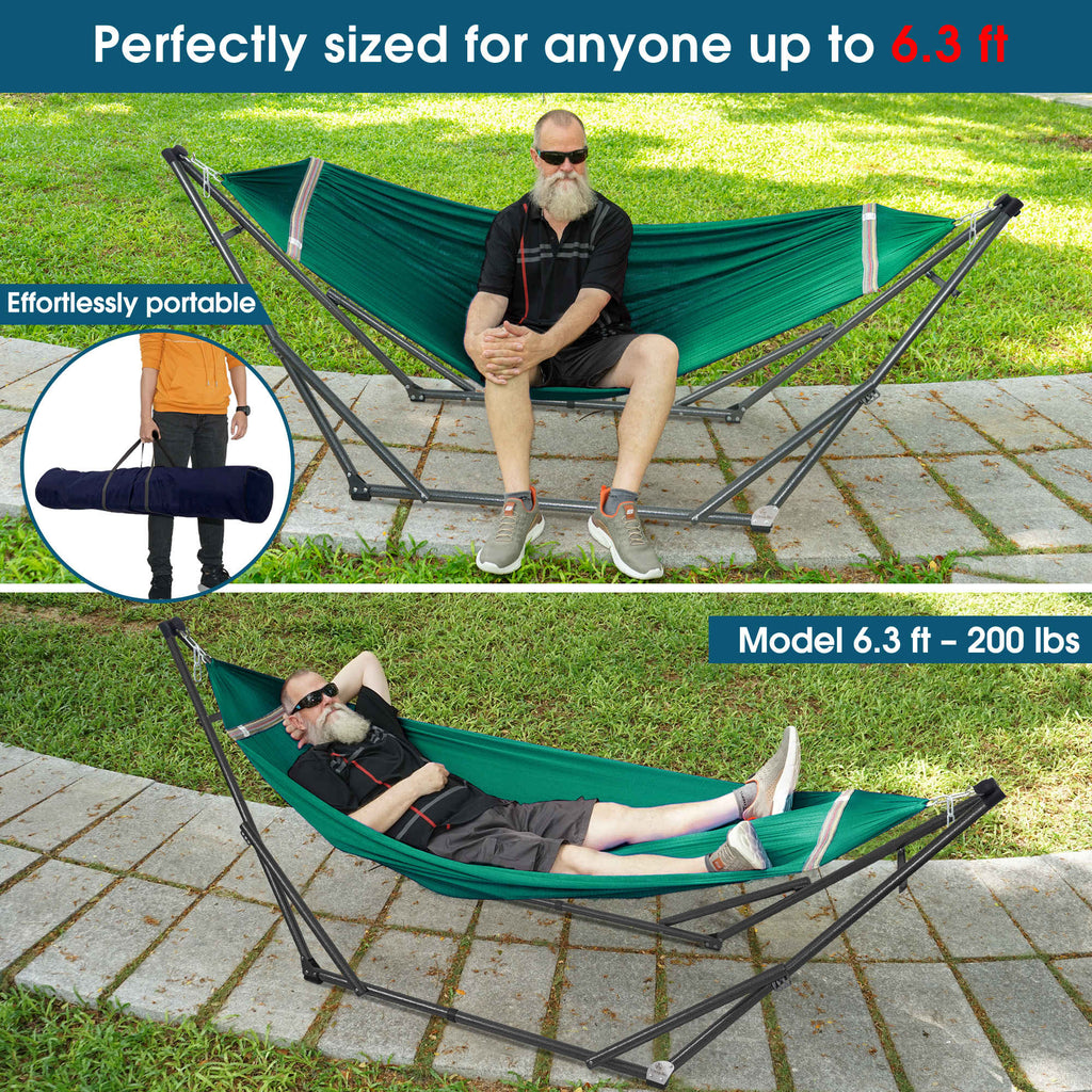 Man reclining in teal collapsible hammock on black steel stand outdoors