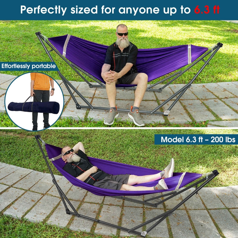 Purple hammock on a metal stand for two people, shown on grass