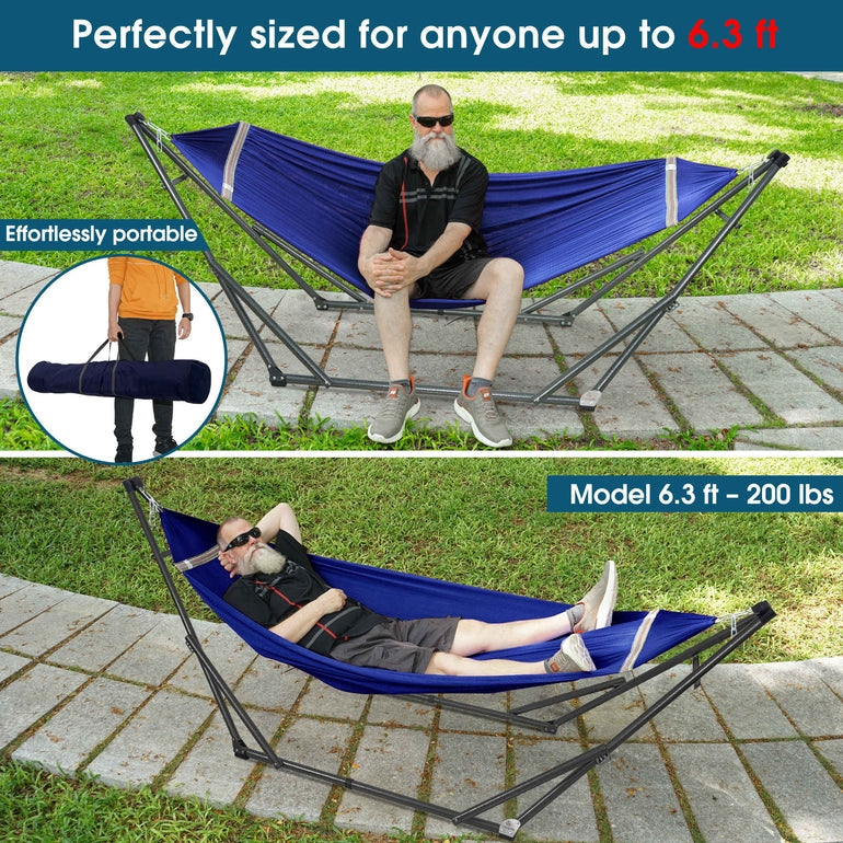 Blue collapsible hammock with stand outdoors, with two people relaxing