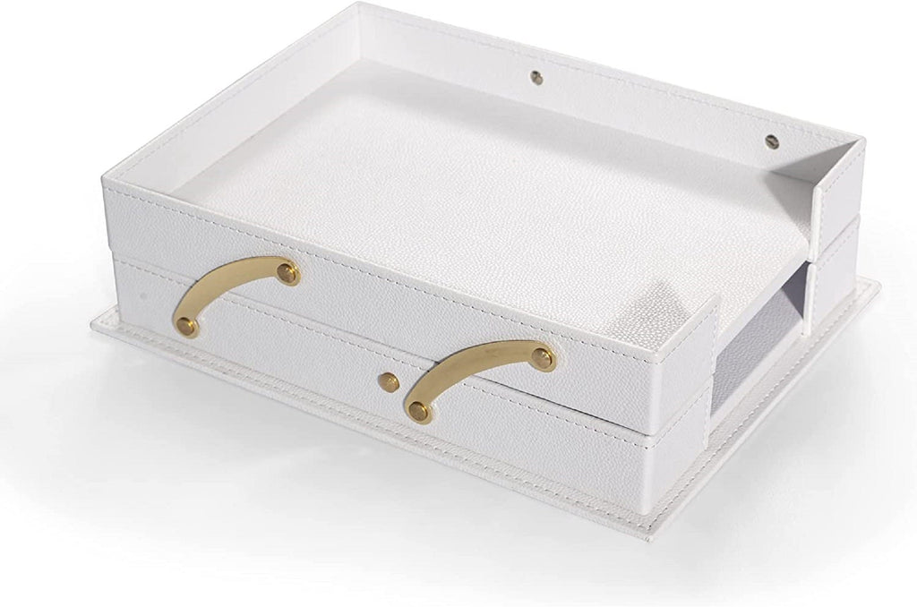 White desk organizer tray with gold-tone handles and compartment detail