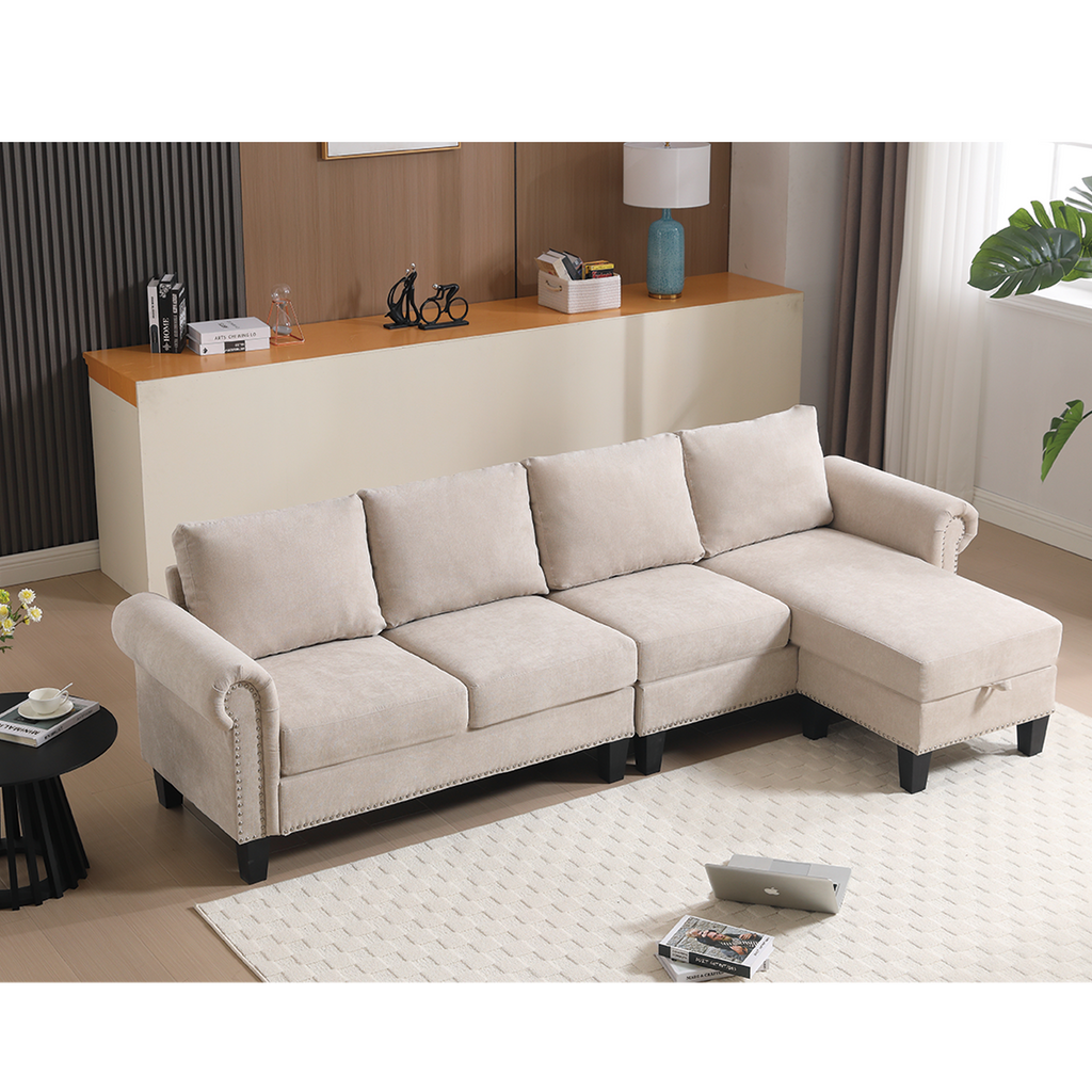 Beige sectional sofa with right chaise, square arms, and multiple seat cushions.