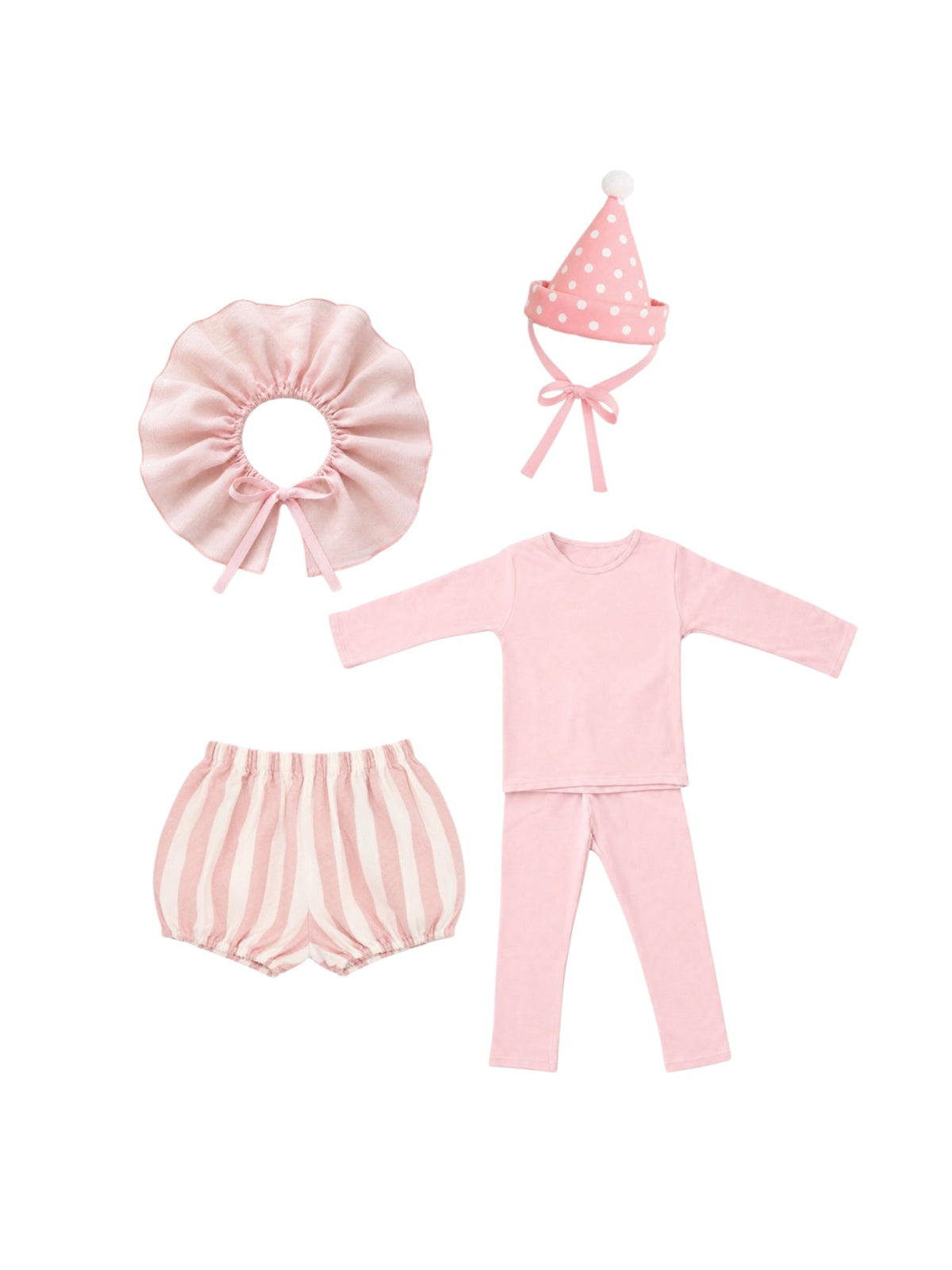 Pink clown costume set with polka-dot cap, long-sleeve shirt, striped bloomers, ruffled collar