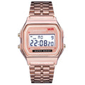 Rose digital alarm chronograph watch with metal link strap and LCD display