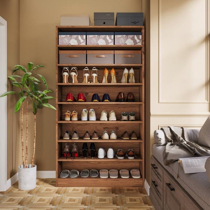 Freestanding 8-shelf shoe rack with brown wood finish and open cubby shelves for shoes