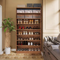 Freestanding 8-shelf shoe rack with brown wood finish and open cubby shelves for shoes