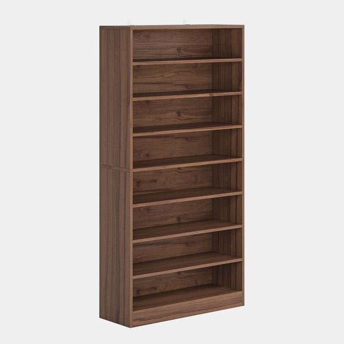 Freestanding 8-shelf shoe rack in brown wood finish, front view with open shelves