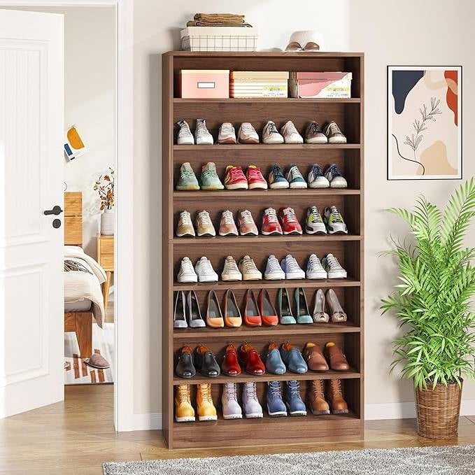 Freestanding 8-shelf shoe rack in brown wood with multiple open shelves for shoes
