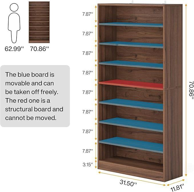 Freestanding 8-shelf shoe rack dimension diagram, brown wood finish with colored shelf panels