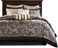 Queen comforter set with black-and-white paisley comforter and striped pillows