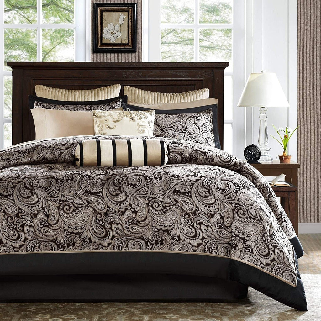 Queen comforter set featuring black-and-white paisley bedding with multiple pillows
