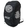 Black fabric backpack with circular logo patch, “Bigger Than Basketball” text, and zip pockets.