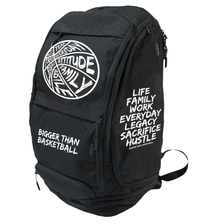 Black fabric backpack with circular logo patch, “Bigger Than Basketball” text, and zip pockets.