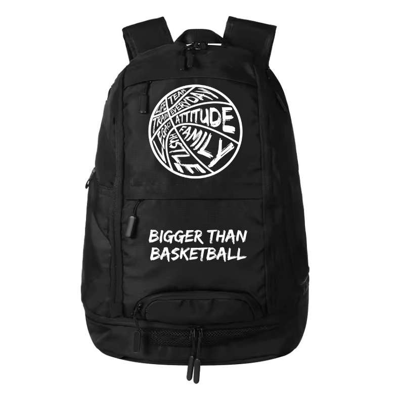 Black backpack with front zipper compartments and large circular logo graphic on main panel.