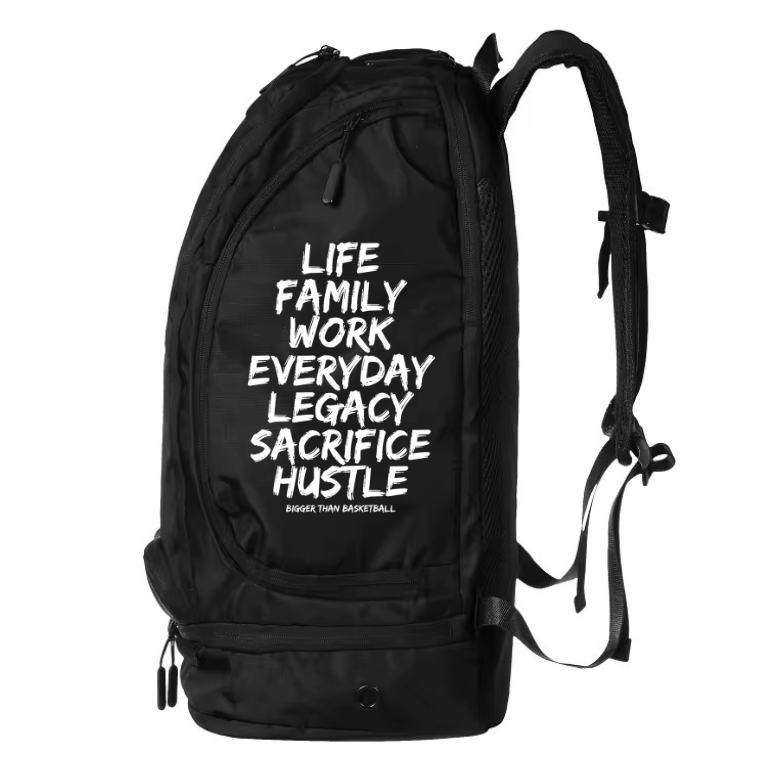 Black backpack with side zipper pocket and vertical “Life Family Work Everyday Legacy” text graphic.