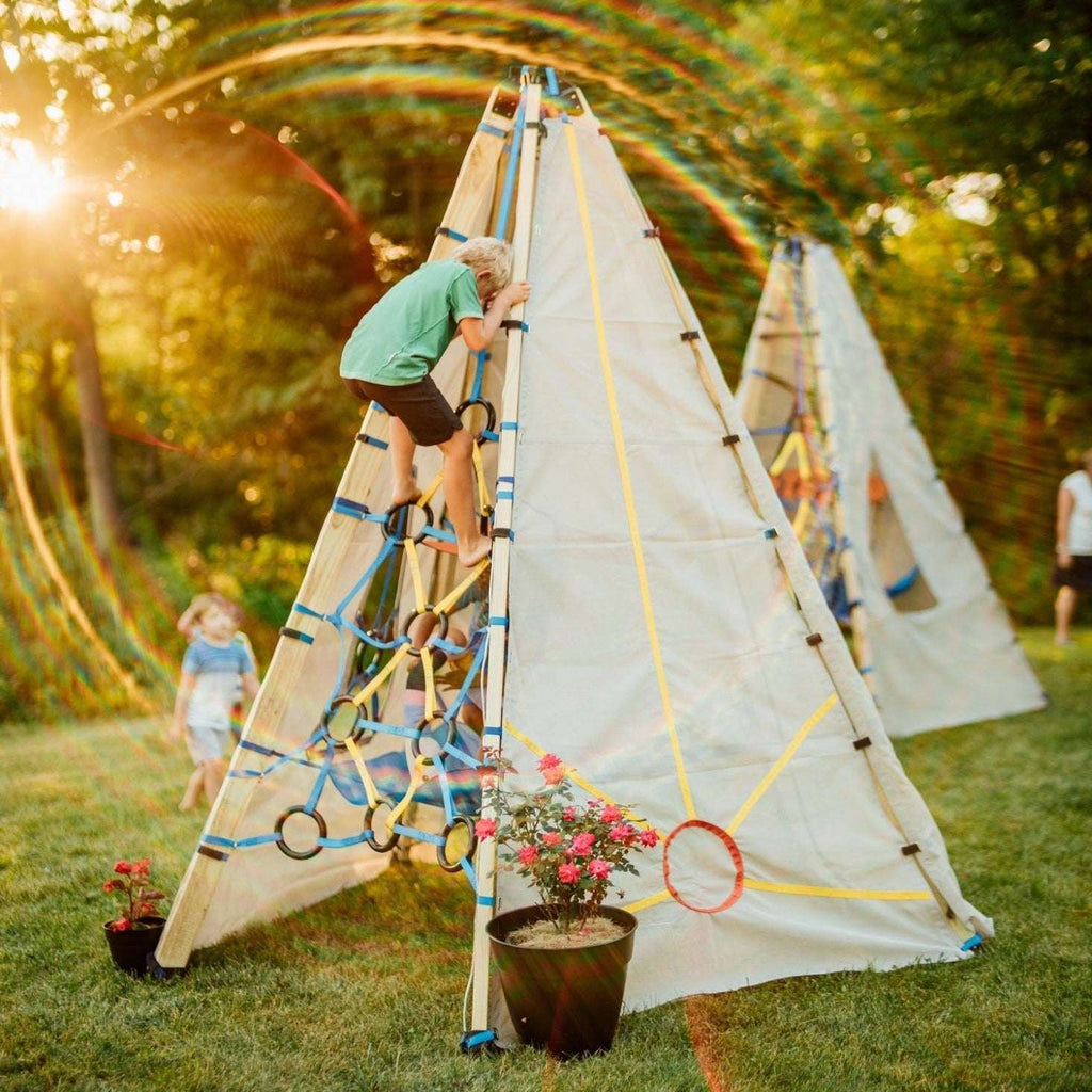 Canvas play tent with blue rope climbing net and circular rings