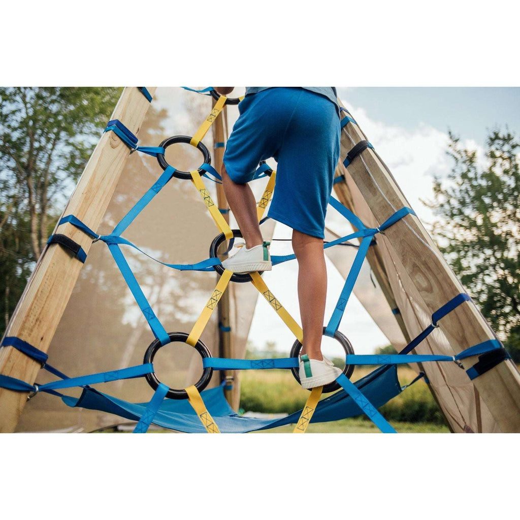 Tepee tent frame with wood poles, blue straps and fabric doorway