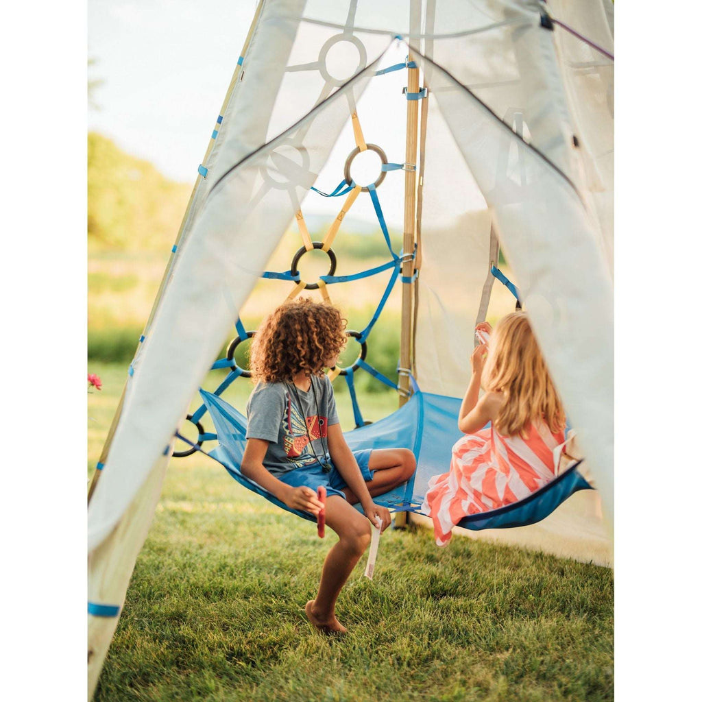 Canvas play tent entrance with blue rope web and round ring climber