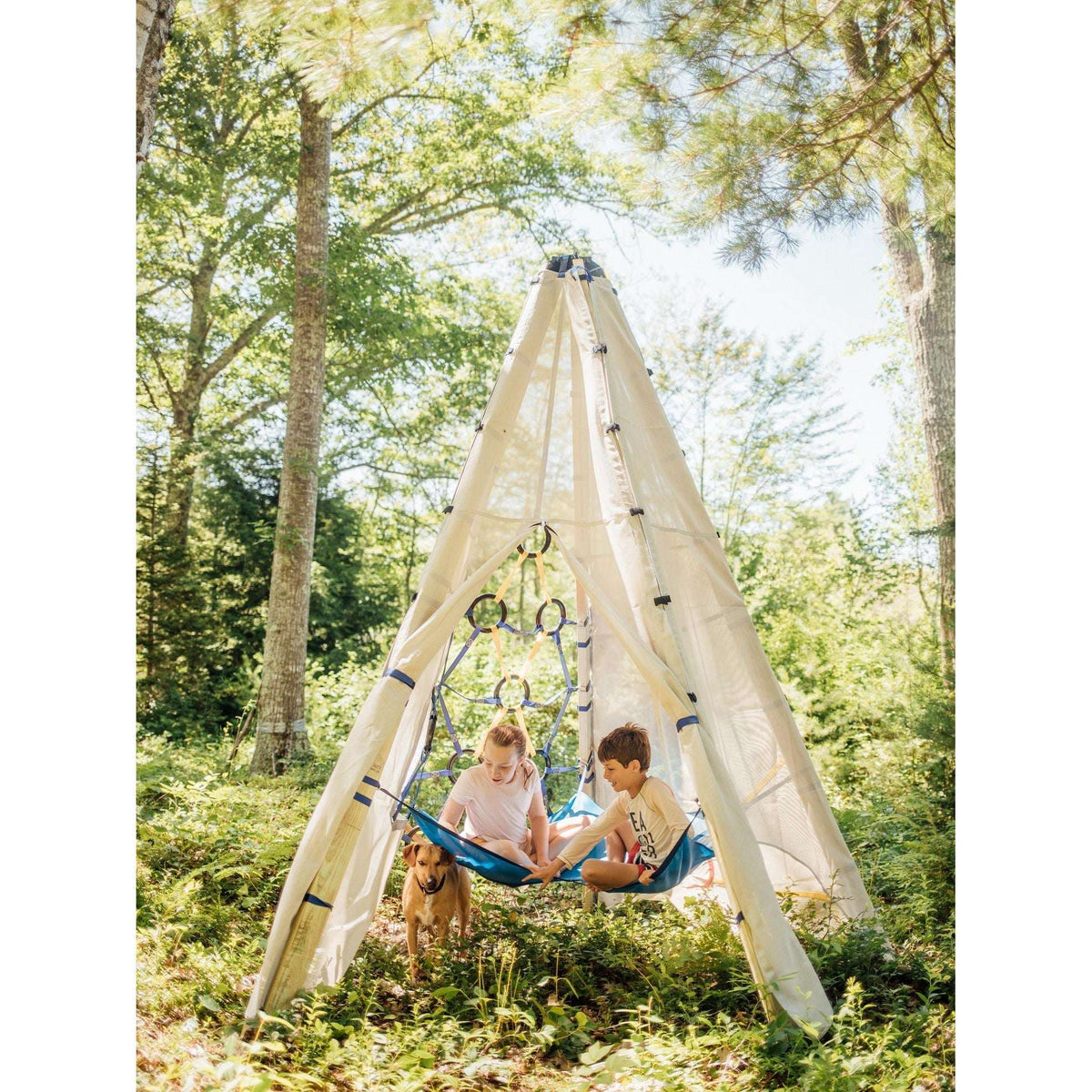 Kids outdoor canvas teepee tent with wood poles and blue rope ties, open entrance