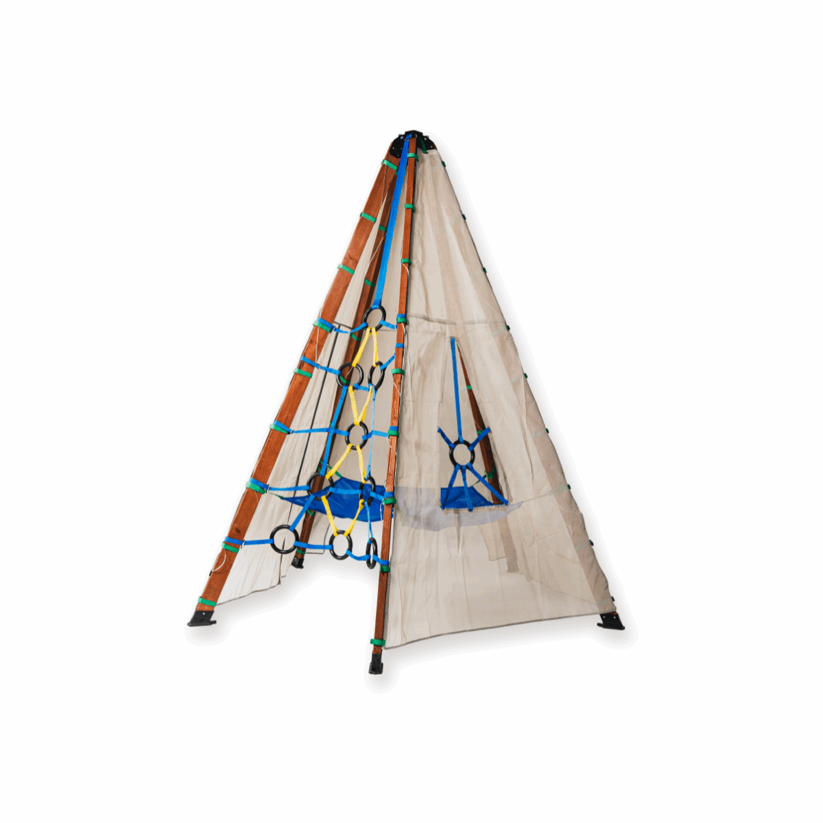 Outdoor canvas teepee tent with wood poles and blue rope ties, peaked top
