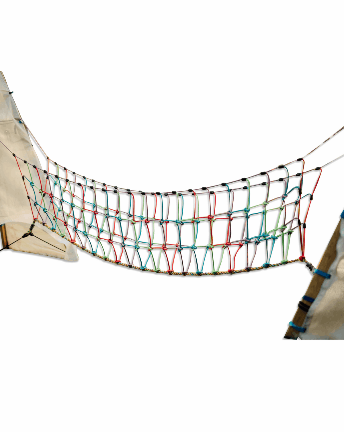 Rope suspension bridge with multicolor crisscross net and side ropes