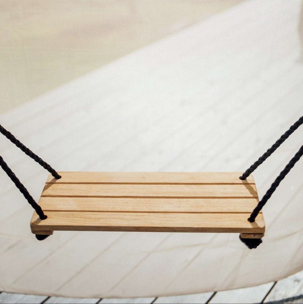 Bijou Rest hanging wooden swing with black rope, straight-on view