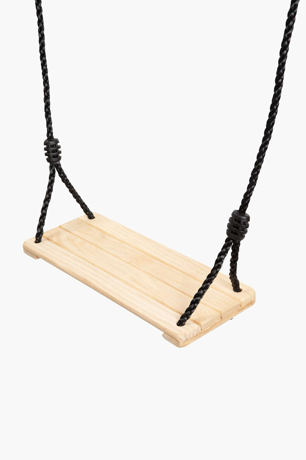 Bijou Rest hanging wooden swing seat with black rope, angled view
