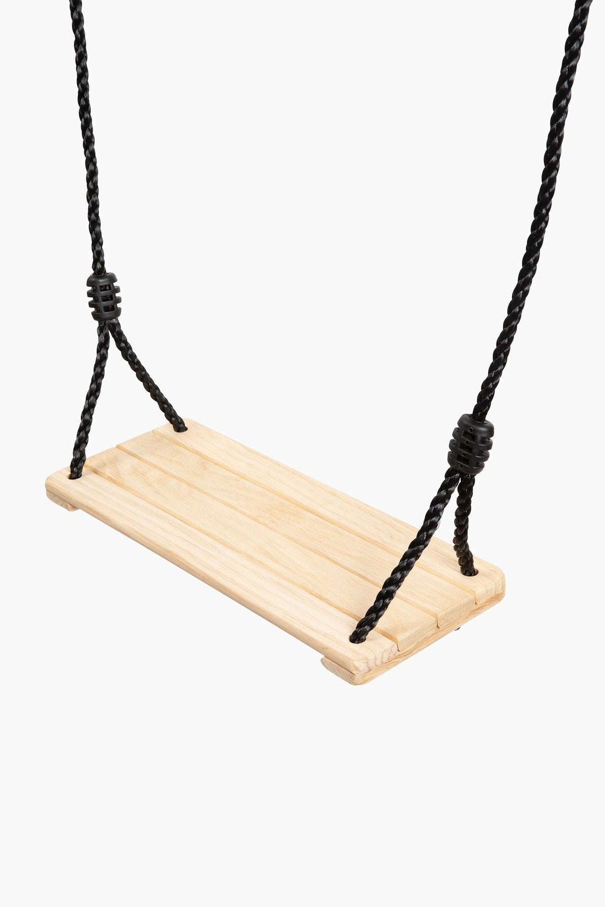 Bijou Rest hanging wooden swing seat with black rope, angled view