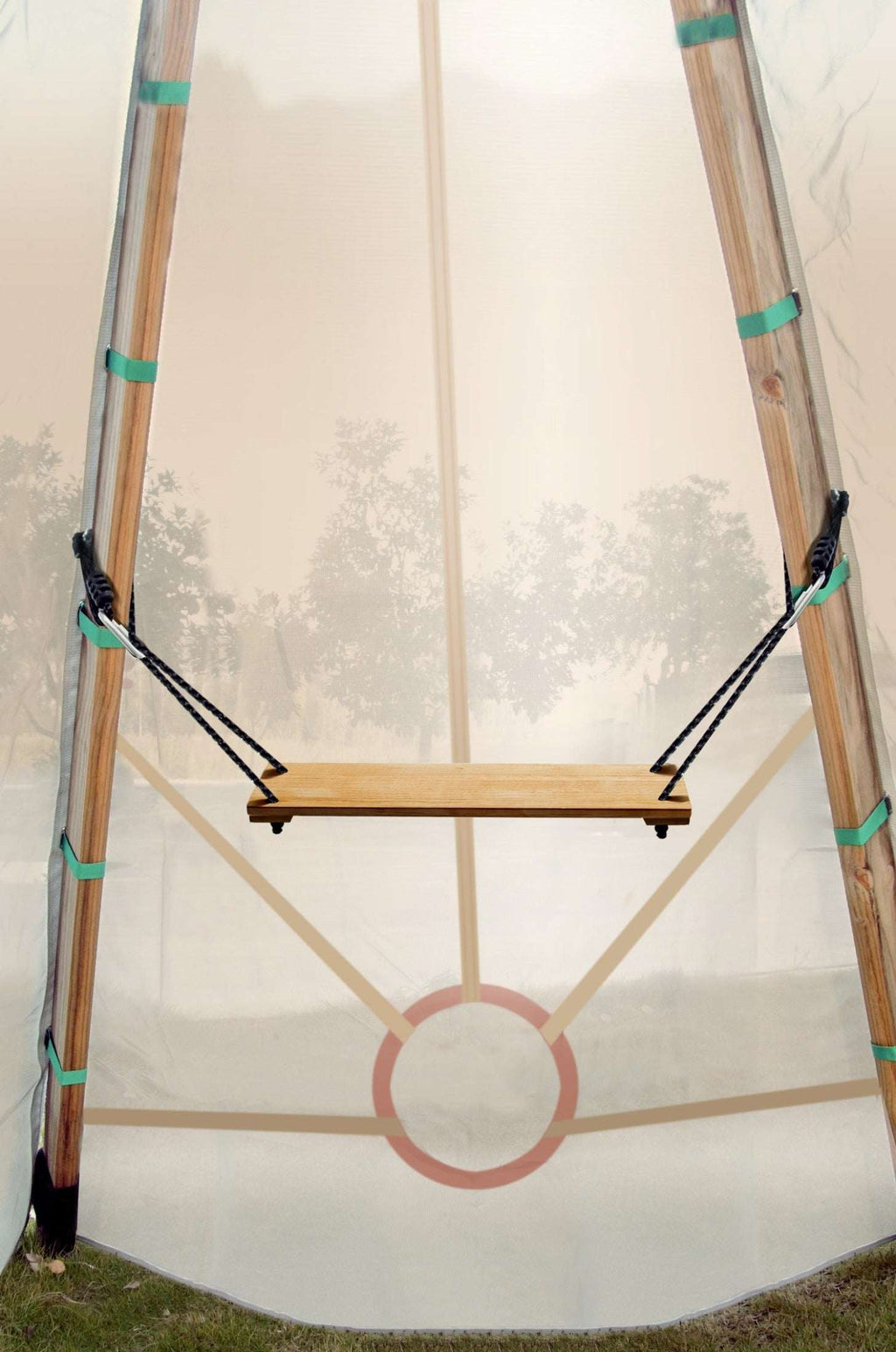 Bijou Rest hanging wooden swing with rope and wooden seat, full view
