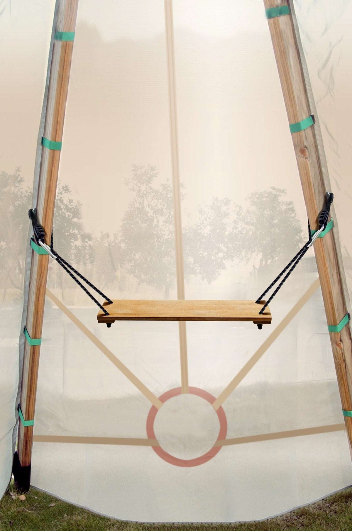 Bijou Rest hanging wooden swing with rope and wooden seat, full view