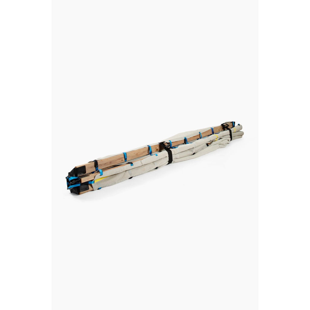 Bundled wood teepee tent poles with blue rope loops and connectors