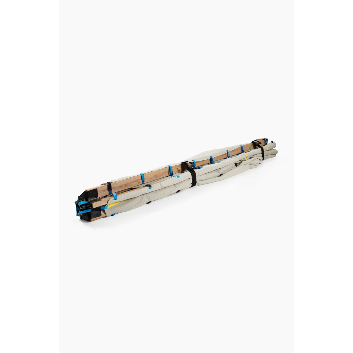 Bundled wood teepee tent poles with blue rope loops and connectors