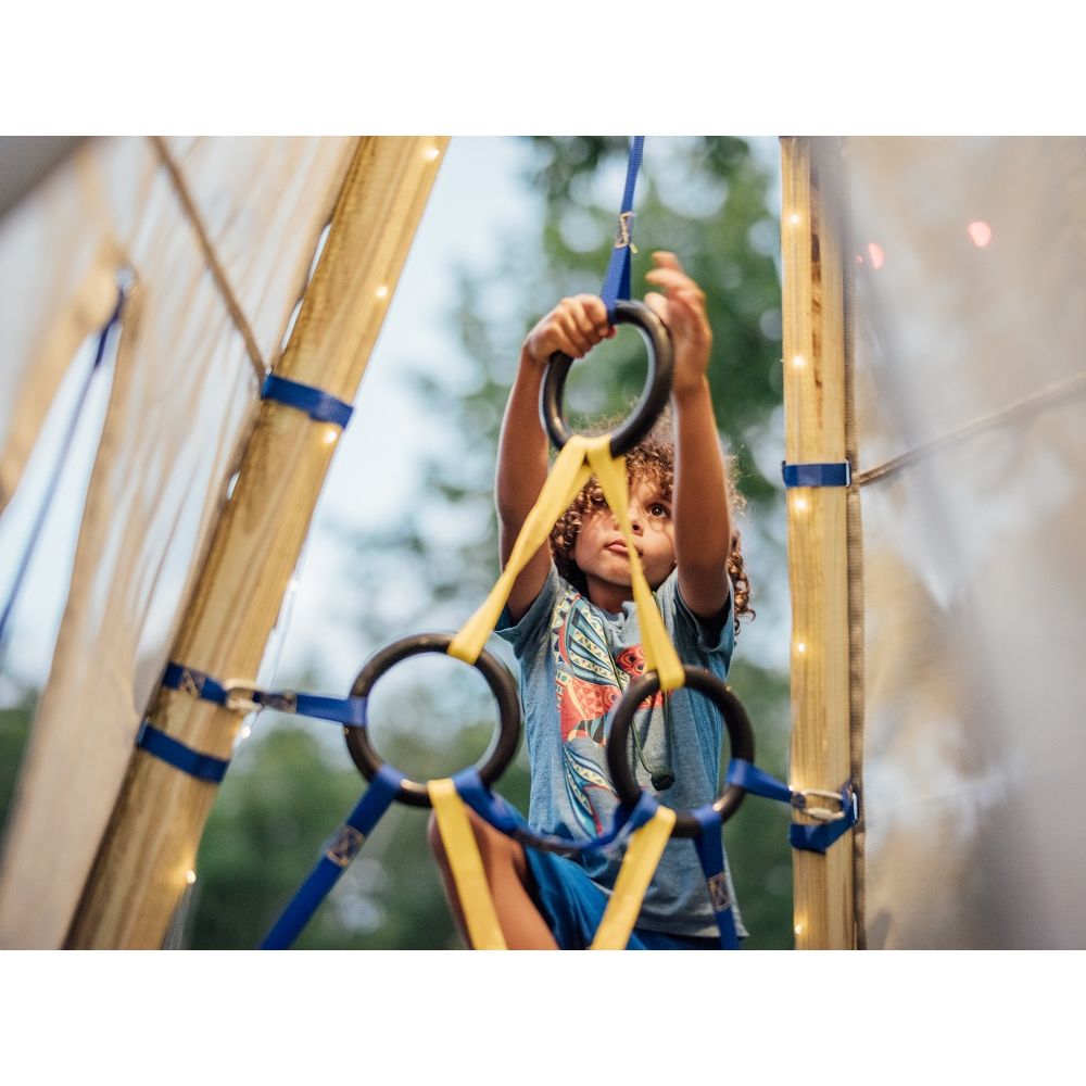Solar string lights and hanging cords on a teepee tent structure
