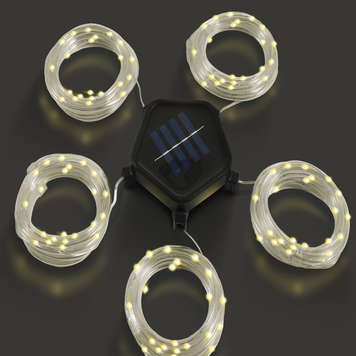 Solar string light kit with control box and five clear LED light rings