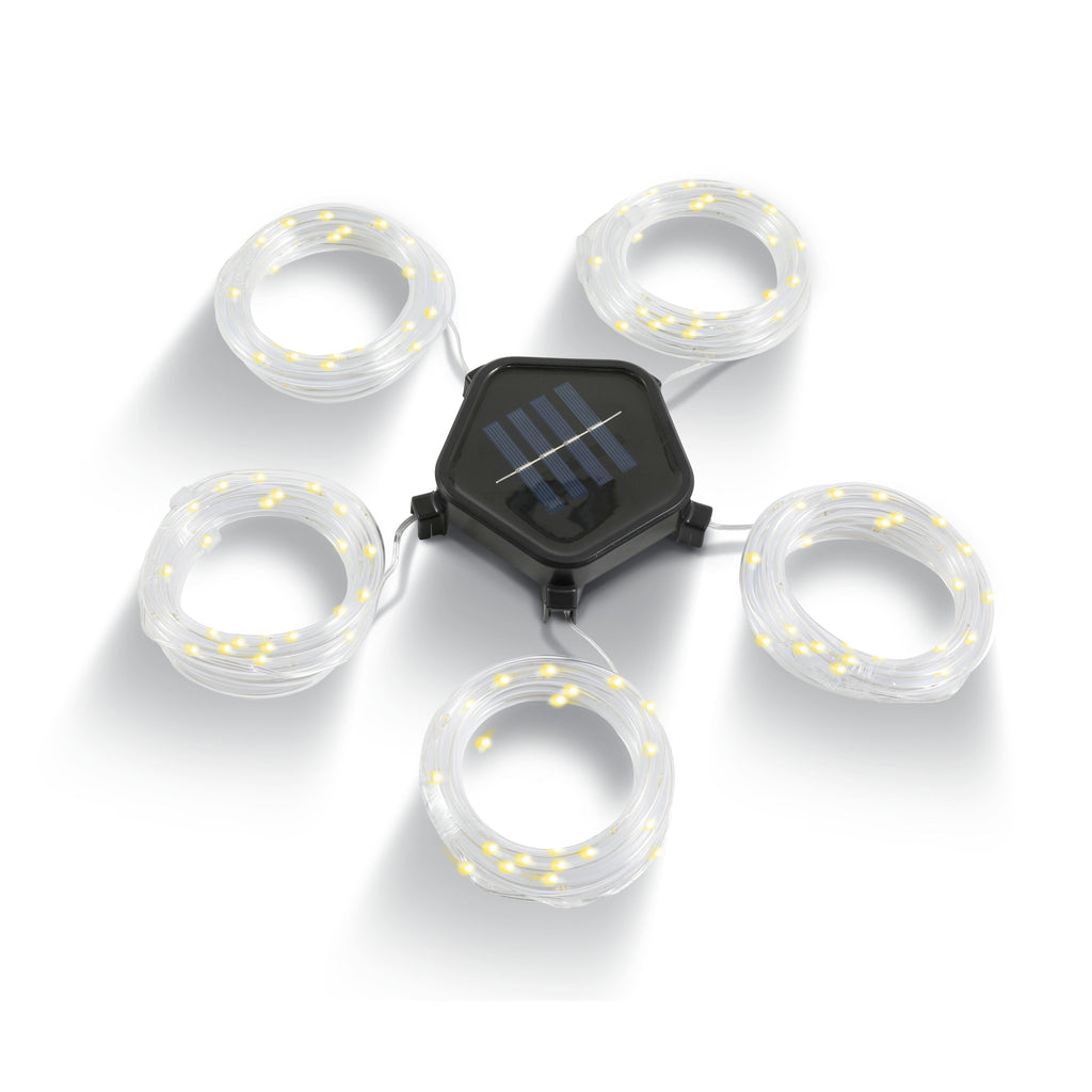 Solar string light kit with five LED rings and black controller with solar panel